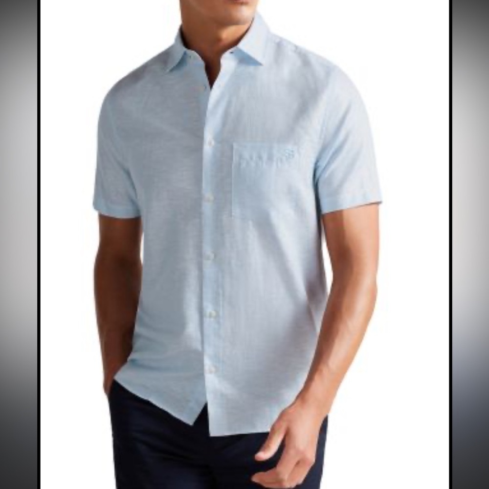 Ted Baker Light Blue Addle Linen Short Sleeve Button Down Shirt